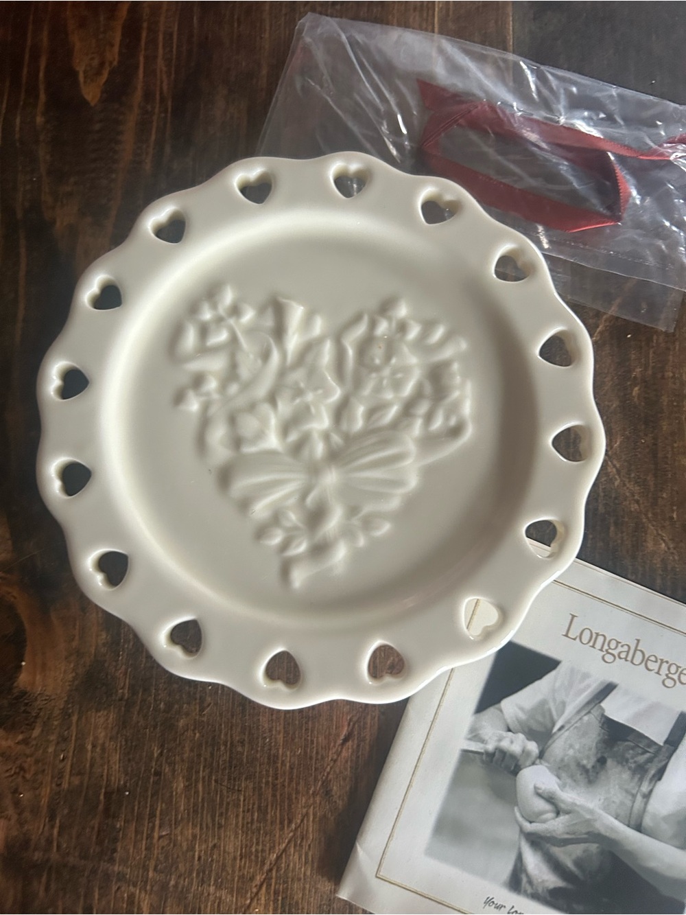 Longaberger Sweetheart Pottery Candle Plate & Ribbon Ivory New In Box
